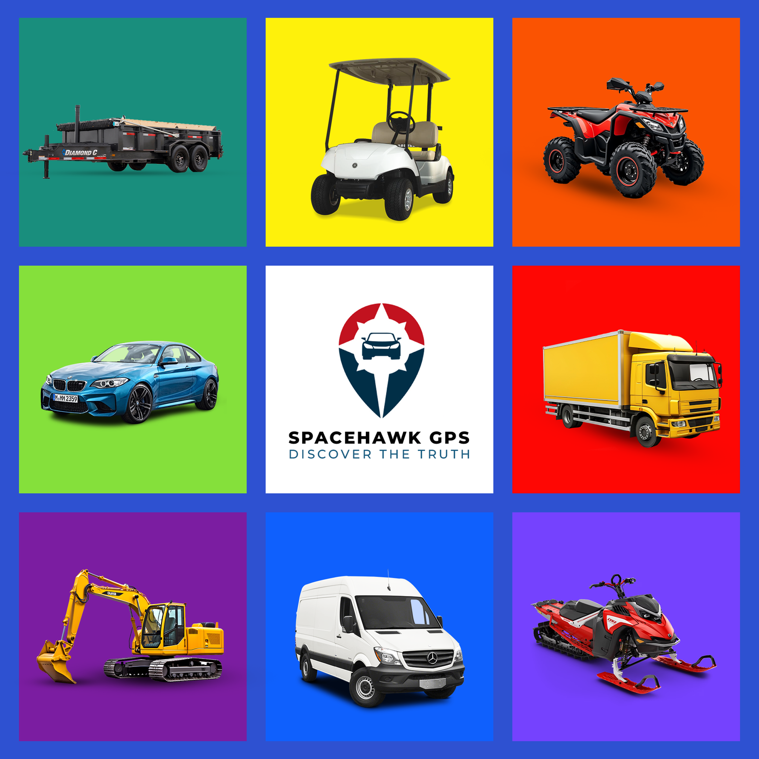 Grid of various vehicles on colorful backgrounds with Spacehawk GPS logo in the center.
