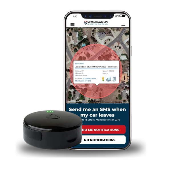 SpaceHawk GPS tracker with the tracking app on a phone